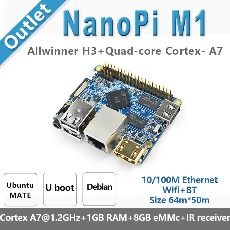 

NanoPi M1 plus Allwinner H3,Quad-Core A7@1.2GHz Demo Board Compatible Raspberry Pi, Running u-boot, Ubuntu MATE, Debian