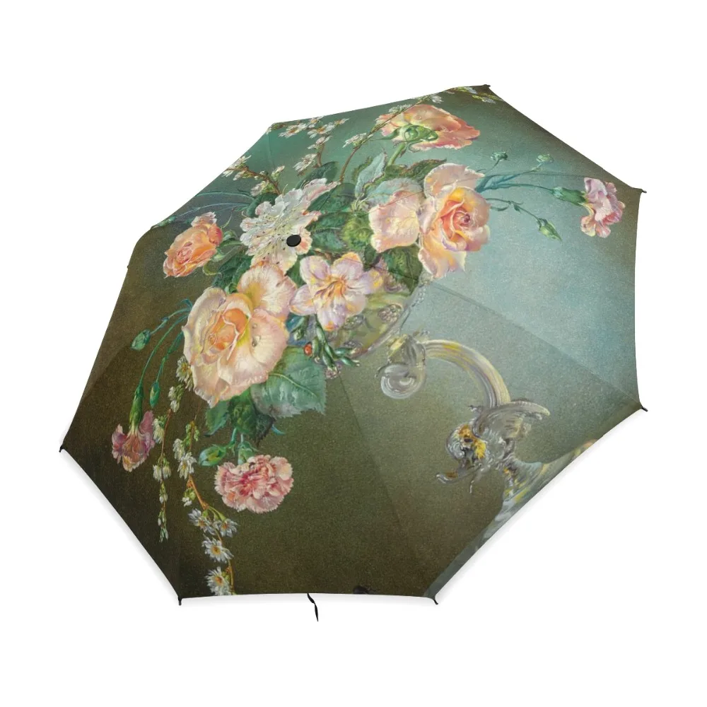 Classical 19th Century Watercolor Painting Umbrella 3 Folding Flower Print Pattern Women Rain Umbrella Automatic For Lover Gift