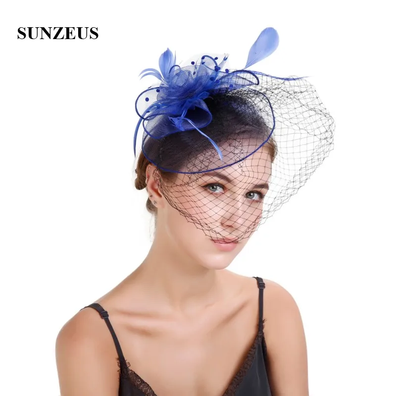 Purple Tulle Flowers Pageant Hats for Women Feathers Bridal Wedding Hat with Face Veil Wedding Accessories SH57