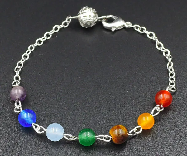 7 Chakra Stones Round Beads Wrapped Wire Chain Bracelet Platina Plated 7-8 Inches