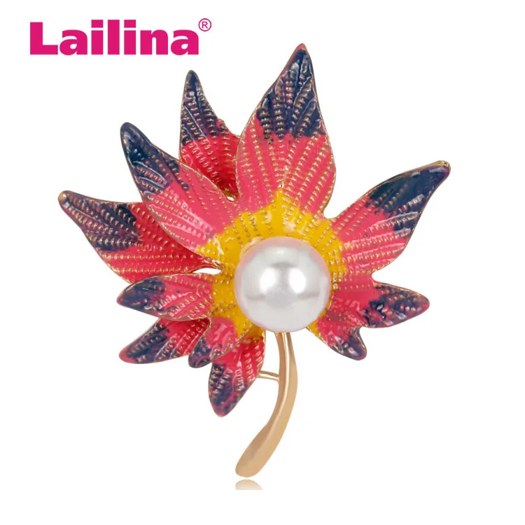 

High Quality New Arrival pink / Yellow / Assorted Colors Maple Leaf Enameled and Imitation Pearl Brooches for Women