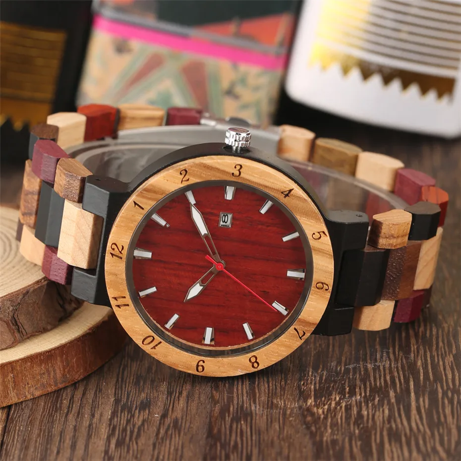 Complete Calendar Display Wood Men Watch Quartz Movement Full Wooden Bangle Men\'s Watches reloj masculino New Arrival 2019