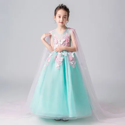 

100%real childrens girl luxury light blue butterfly shoulder veil dance princess dress/party/event stage performance dress