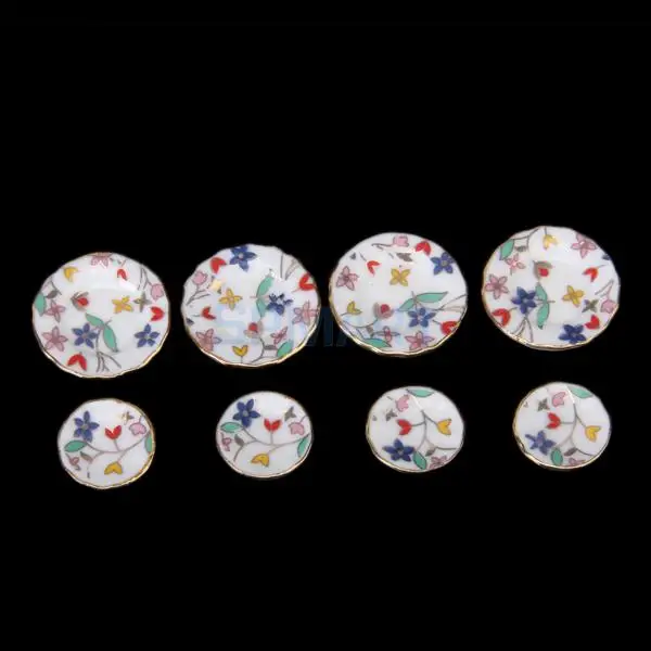 MagiDeal 15Pcs Dollhouse Miniature Dining Ware Porcelain Tea Set Dish Cup Plate Colorful Floral Print Restaurant Tableware Decor