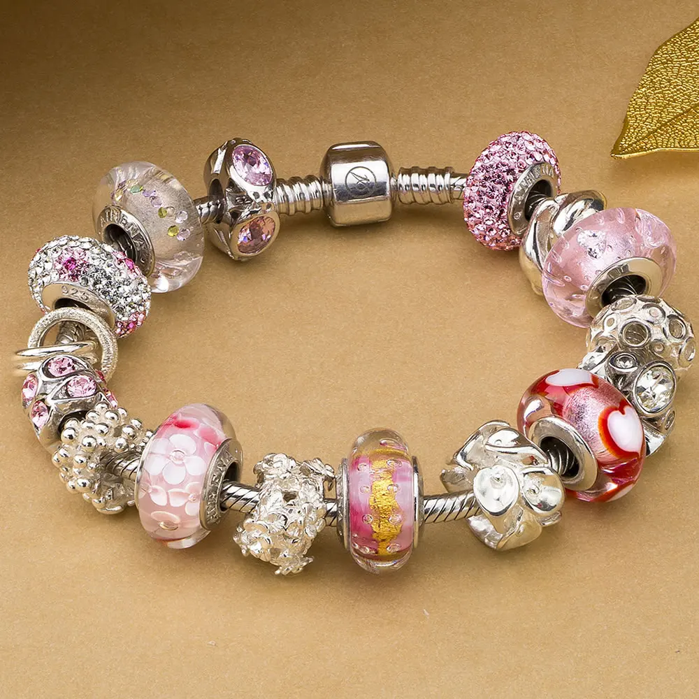 ATHENAIE Genuine Murano Glass 925 Sterling Silver Core Gold Foil Charms Beads Fit All European Bracelets Color Pink forValentine