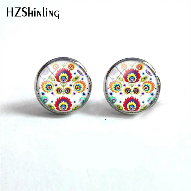 2018 New Polish Folk Art Patterns Earring Flowers Ear Stud Glass Cabochon Photo Earrings Hand Craft Jewelry HZ4