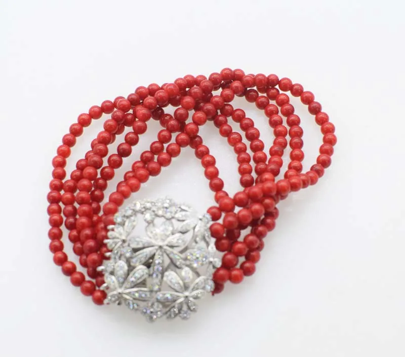 6rows red bamboo coral round 4mm   bracelet  8inch wholesale beads  FPPJ amazing gift