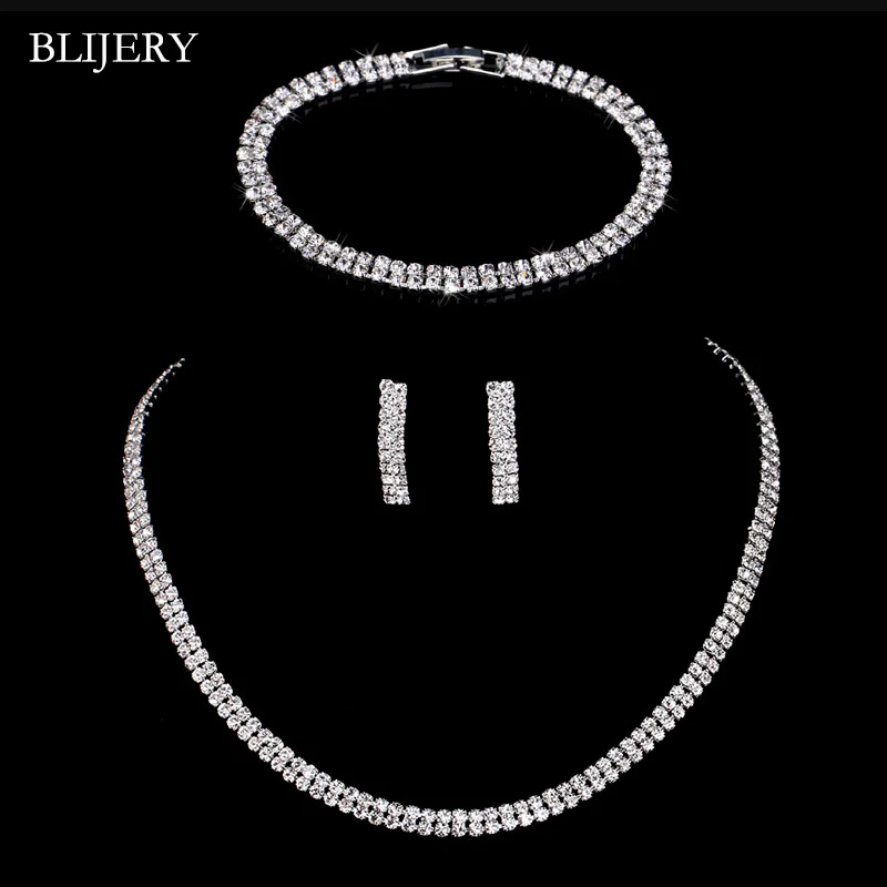 BLIJERY Sparkling Crystal Bridal Jewelry Sets Silver Color Choker Necklace Earrings Bracelet Set for Women Wedding Jewelry Sets