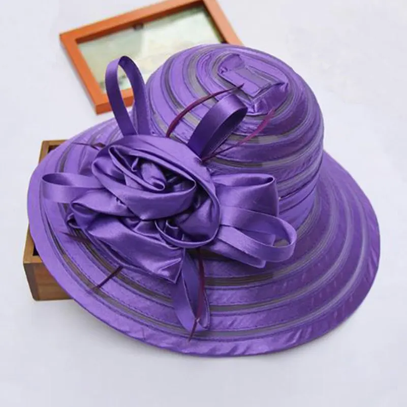 New Fashion Women Summer Organza Sun Hats Wide Brim With Big Flower Fedora Hat Elegant Ladies Wedding Church Party Hat