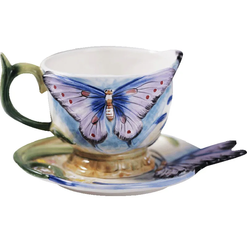 2018 Newest 3D Bone China Blue Butterfly Coffee Cup with Saucer Tea cup ceramic cup Breakfast Milk cups Best Gift For Lovers