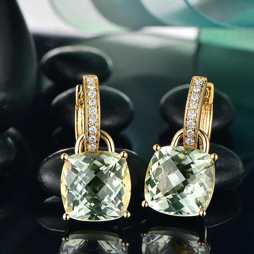 Caimao 10mm Green Amethyst Cushion 9.75ct SI G-H Diamond 14kt Yellow Gold Detachable Drop Earrings