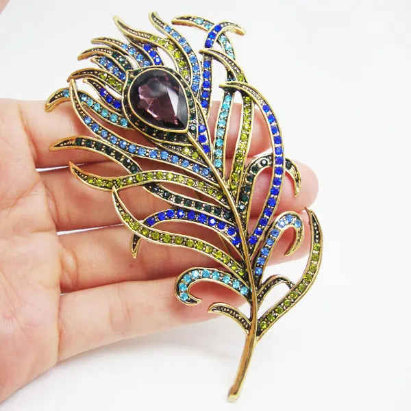 Vintage Peacock Feather Gold Tone Multi-color Rhinestone Brooch Pin
