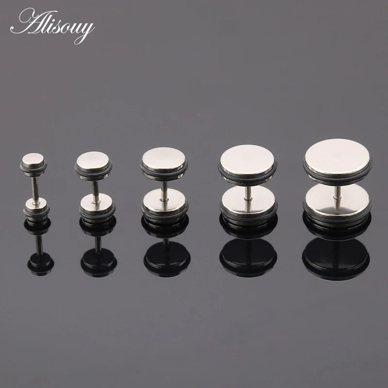 Alisouy 2Pcs Mens Barbell Punk Gothic 4-12mm Stainless Steel Ear Studs Fake Ear Plug Stretcher Cheater Earring Piercing Jewelry