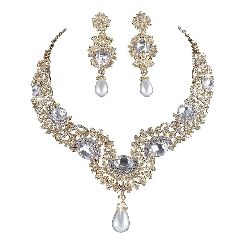 Czech Crystal India Style Bridal Jewelry Sets Rhinstone And PearL Dangle Women Necklace Earrings Golden Dress Party Gift