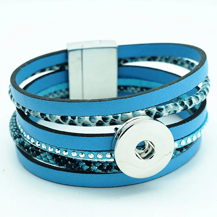 Fashion Multi-layer Leather Serpentine pattern snap bracelets 21cm Magnet buckle fit 18mm snap buttons wholesale SE0124