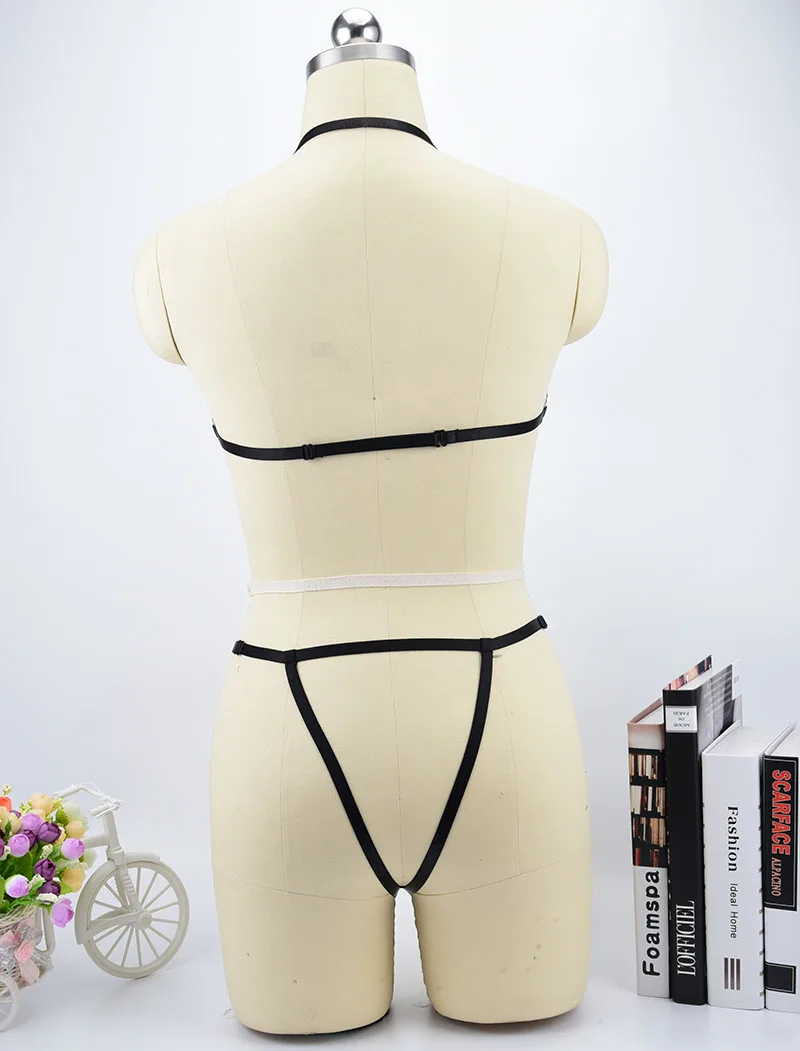 Sexy Black One Piece Body Harness Set Harajuku Punk Body Bondage Harness Bra Fetish Harness Dress Body Cage Harness Panties