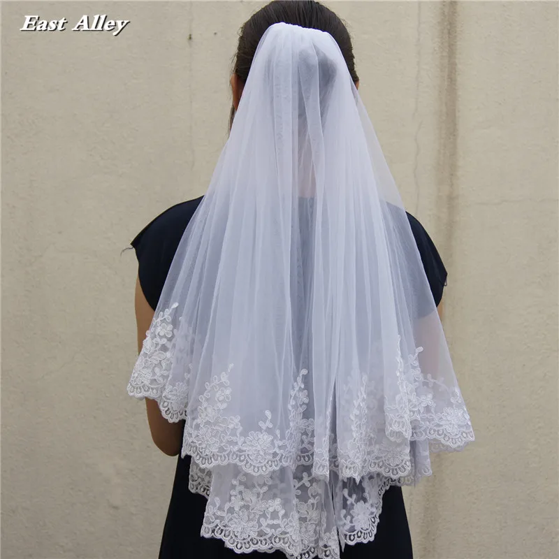 White or Ivory 2 Layer Lace Wedding Veil Elbow Length Bride Veil