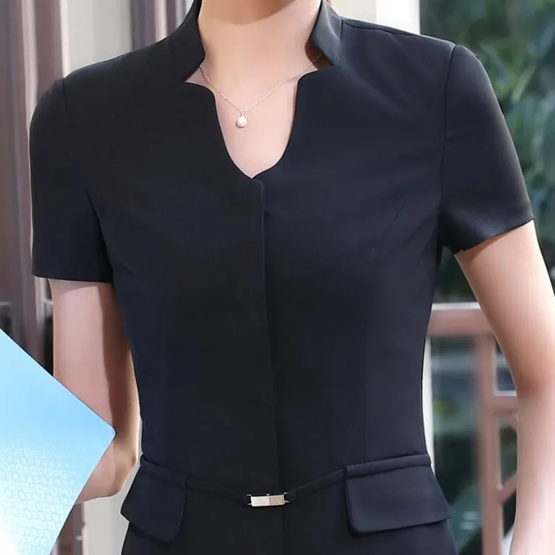 Moda verão de negócios feminino calça terno formal fino manga curta v pescoço blazer e calças senhoras escritório trabalho vestir uniforme