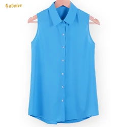 Women Turn-down Chiffon Blouse Summer Shirt Blusas Femeninas Solid Vest Tops Loose Sleeveless Thin And Light Chiffon Blouse