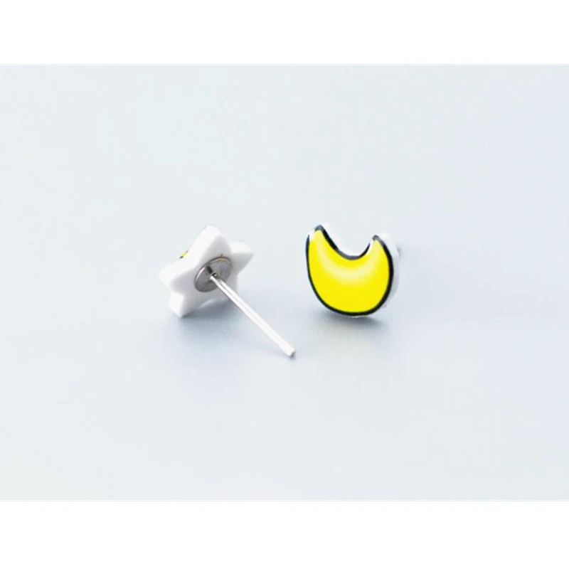 New Style Real 925 Sterling Silver Needle Yellow Color Star Moon Asymmetry Plastic Stud Earrings For Girls Jewelry Brincos