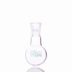 FAPE-matraz redondo de boca estándar, frasco de un solo Cuello, vidrio de borosilicato, capacidad de 25mL y junta 14/23