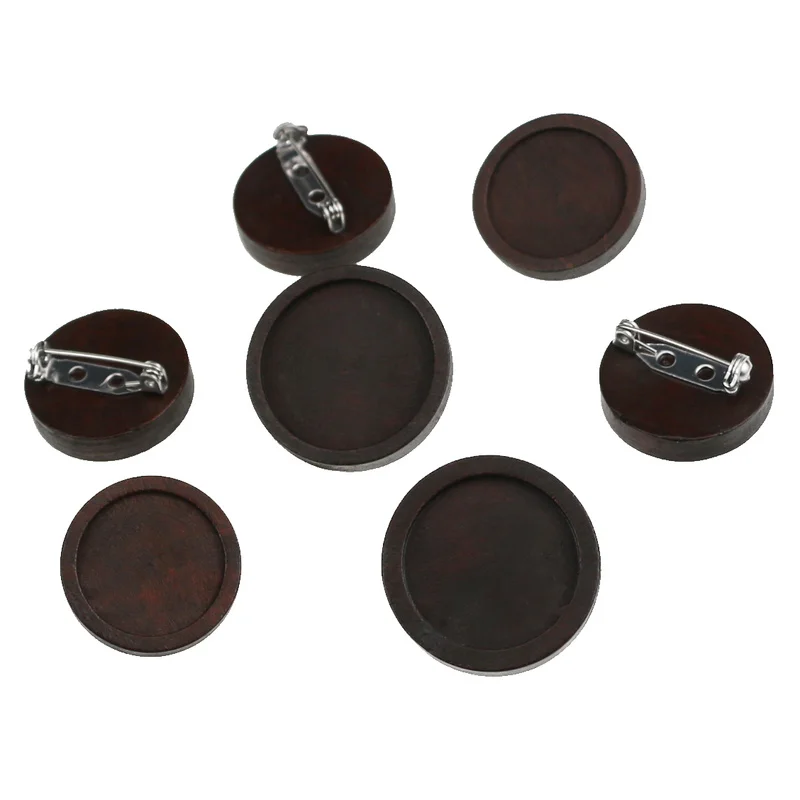 10pcs Antique Brown Blank Wood Cabochon Brooch Base Settings 20 25mm Round Bezel Tray Diy Stainless Steel Pin for Jewelry Making