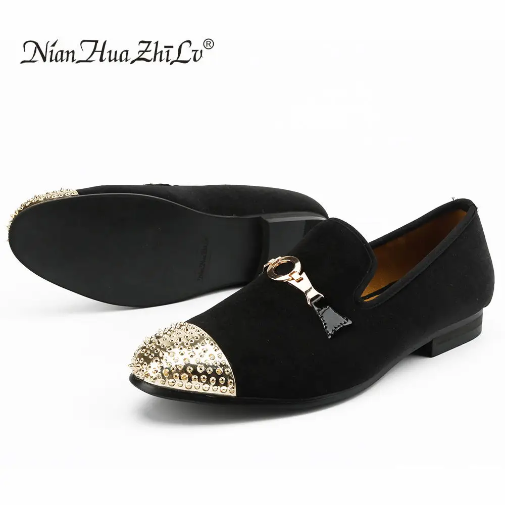 XQWFH Men Spiked Velvet Loafers Fashion Metal Rivet and Gold Buckle Casual Shoes Luxury Penny Slippers Soft Slip on Dress Shoes