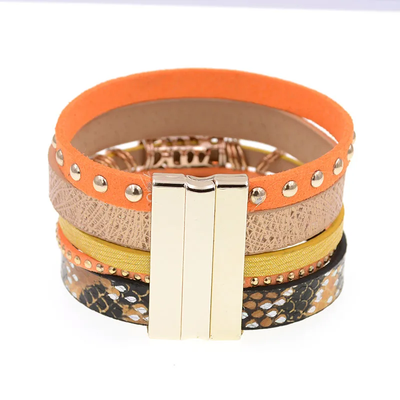 orange leather bracelet tassel leaf charm bracelets magnet buckle Bohemian bracelets&bangles for women jewelry wholesale B1630