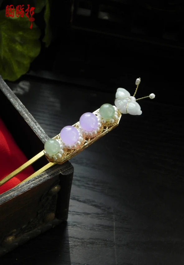 

Jadite Butterfly Beading Hair Stick Handmade Vintage Hair Stick for Hanfu Costume Cos Accessories Bride Hair Jewelr