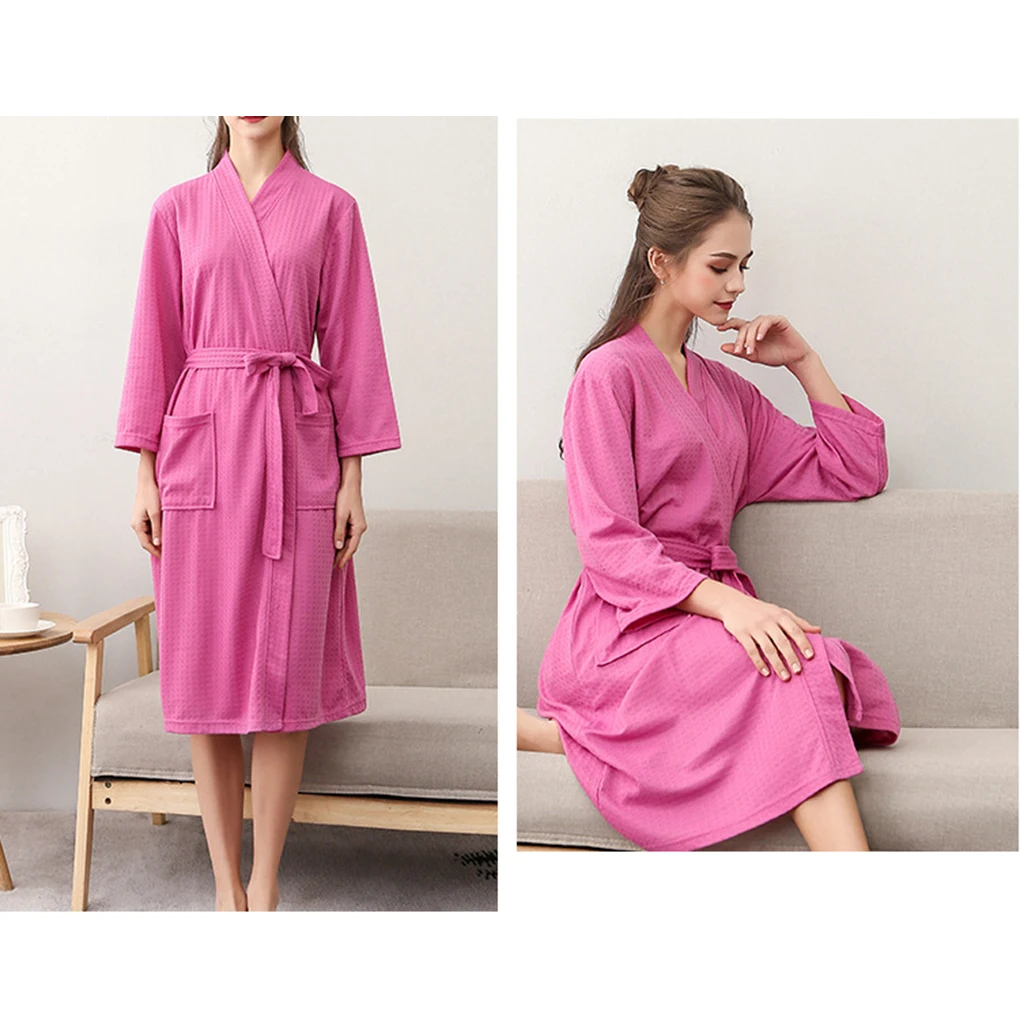 Women Water Absorption Bath Robe Solid Waffle Bathrobe Spa Home Dress Nightgown