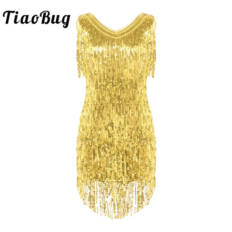 TiaoBug Sparkling Sequins Tassels Sleeveless Women Ballroom Samba Tango Salsa Fringe Latin Dance Dress Rave Performance Costumes