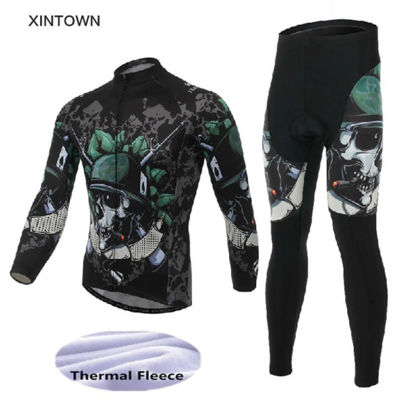 

Men's Winter Cycling Set Long Sleeve Thermal Fleece Cycling Jersey MTB Cycle Clothing Bike Clothes Bicycle Cycling Kit Skull