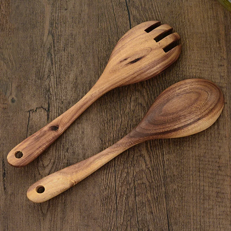 Wood Spoon Fork Large Soup Spoon Salad Serving Spoon Fork Set Long Handle Cooking Spoons Wooden Tableware Wood Kitchen Utensils