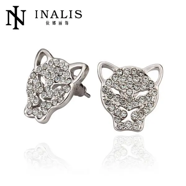 Inalis Brand Lion Face White GoldPlated Stud Earrings For Women Branded Earrings Piercing Women Big Earings E876