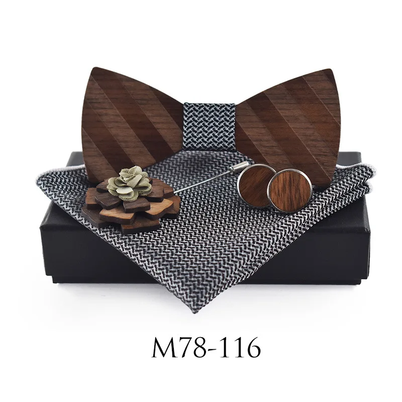 3D Stripe Pattern Wooden Bow Tie Set Cufflinks Boutonniere Handkerchief Business Butterfly Cravat Party Ties For Men