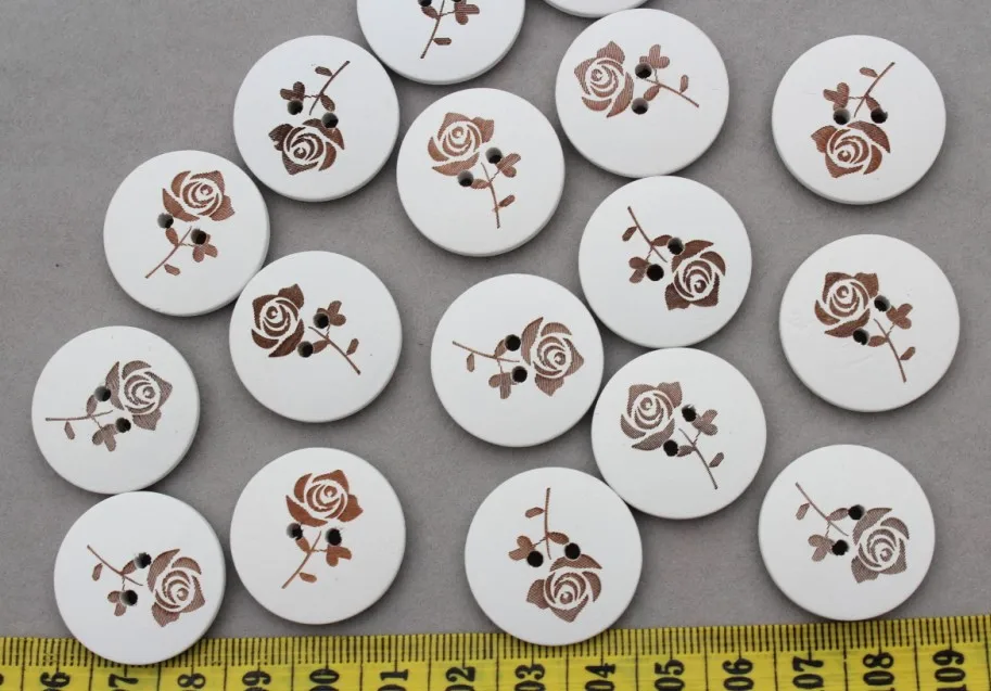 250 pcs Adorable laser carved Rose flower Wood wooden Buttons 1'' white color 2 holes -MK0027