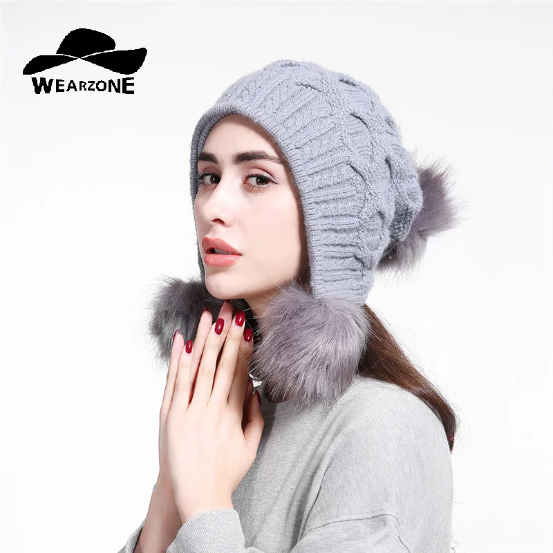 

2107 Female New Fashion Designer Faux Fur Beanies Women Winter Hat with Ears Warm Beanie Girl Hats with 3 ball