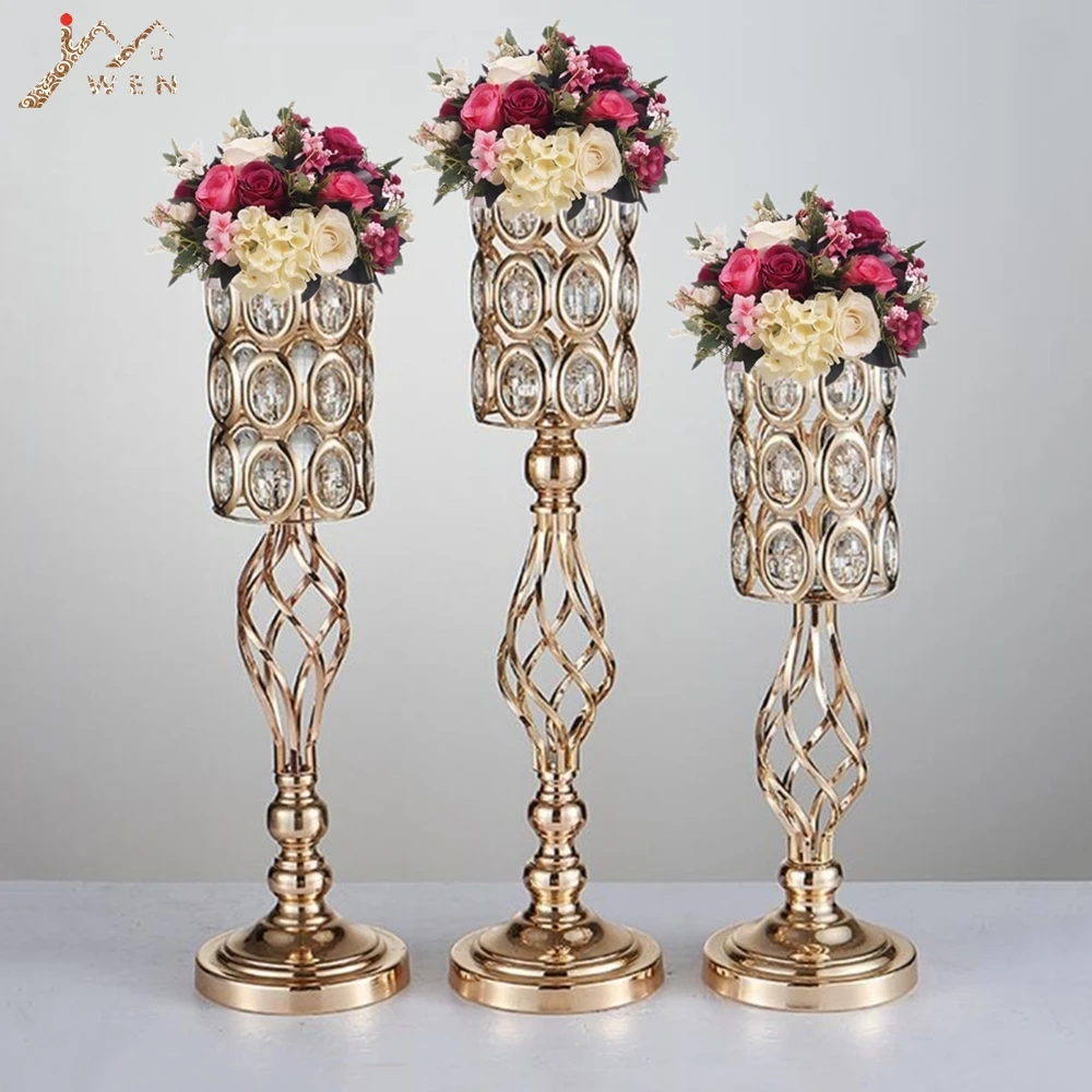 IMUWEN Metal Golden Candle Holders Hollow Crystal Wedding Table Candelabra Centerpiece Flower Rack Road Lead For Home Decor