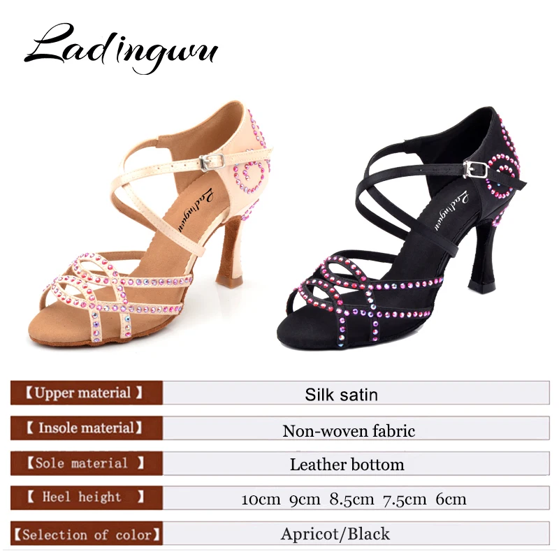 Ladingwu New upgrade Silk Satin Dance Shoes Latin Women Colored Rhinestones Ballroom Salsa Dance Shoes Profession zapatos de muj