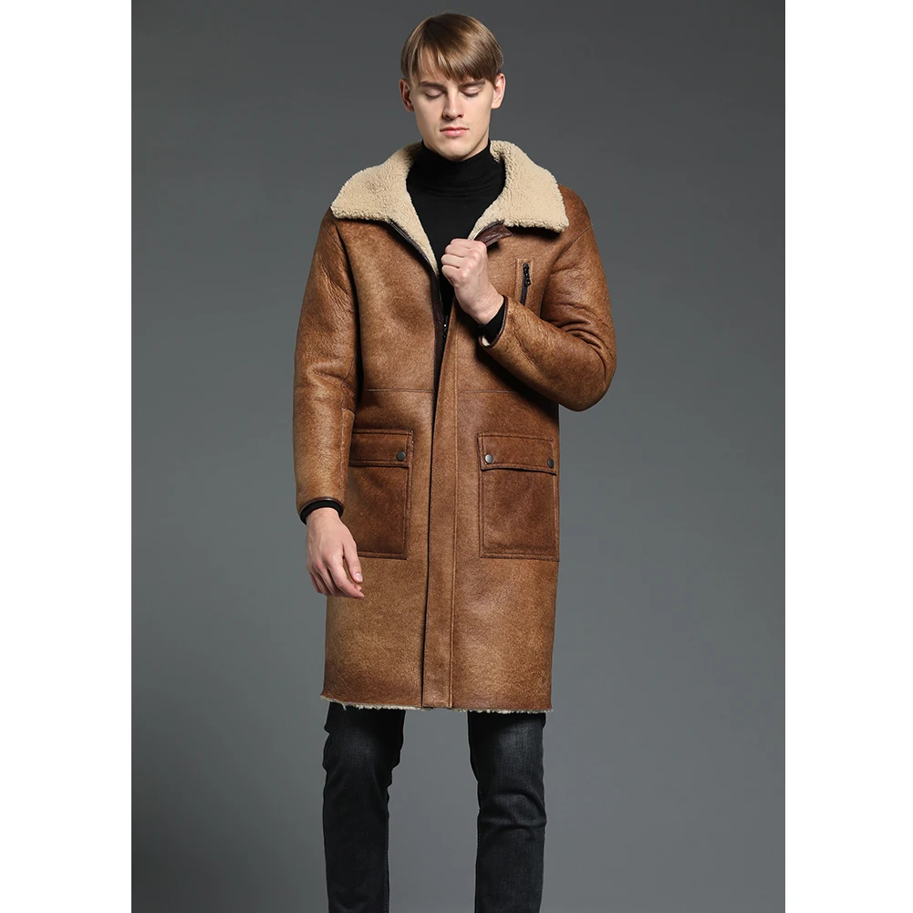 Denny&Dora Men's B3 Shearling Jacket Coat Men's Long Coat Men's Winter Slim Jacket