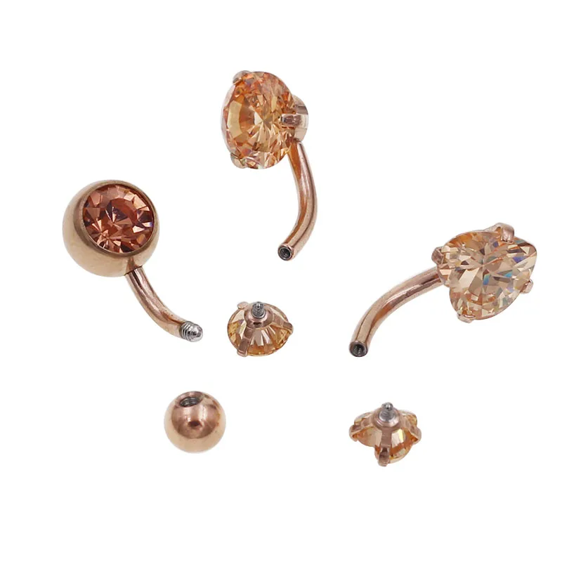 Starbeauty 1Pc Rose gold Color Internally Threaded Belly Button Rings Double Crystal Zircon Navel Ring Piercing Body Jewelry