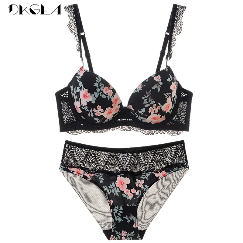 2020 New Black Printing Bras Women Underwear Set Sexy Cotton Push Up Bra Set Thick Brassiere A B C Cup Lace Lingerie Sets White