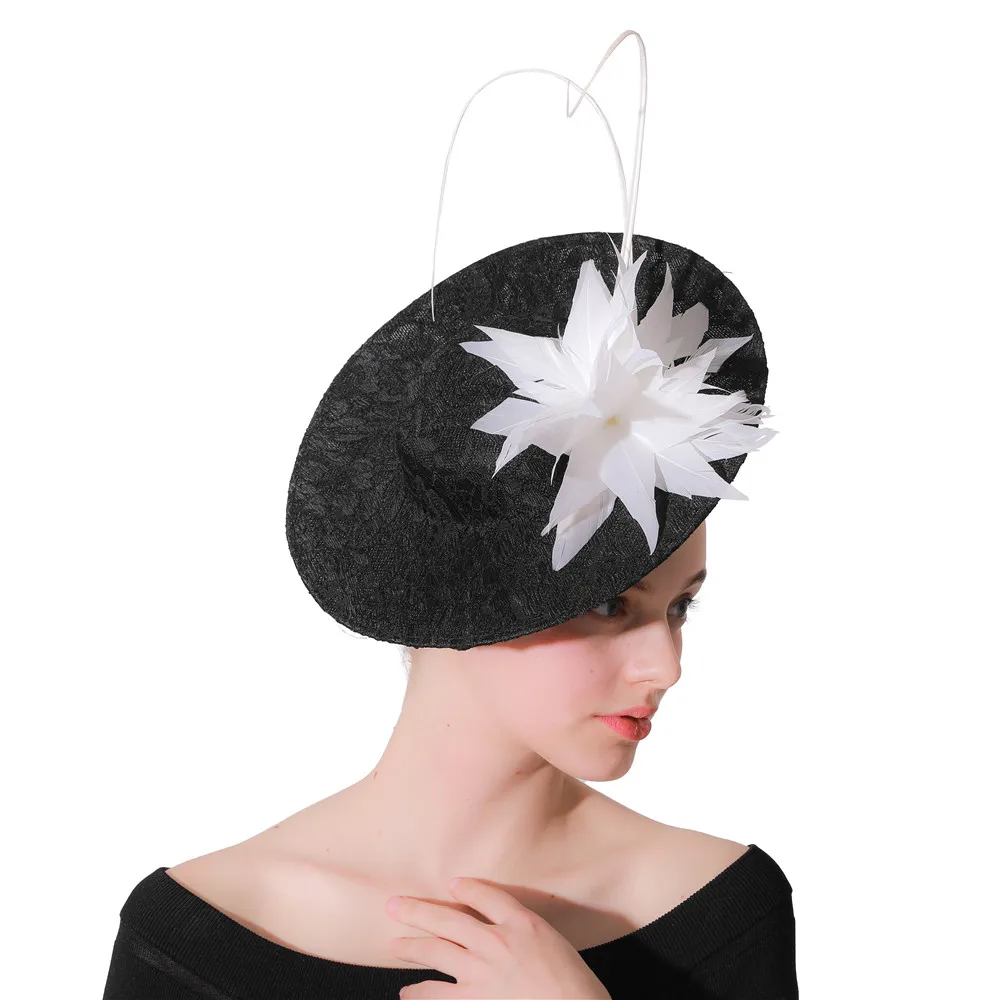 Black Wedding Chic Fascinator Hat Headband For Women White Feather Flower Sinamay Fedora Hats Wedding Party Cocktail Headwear