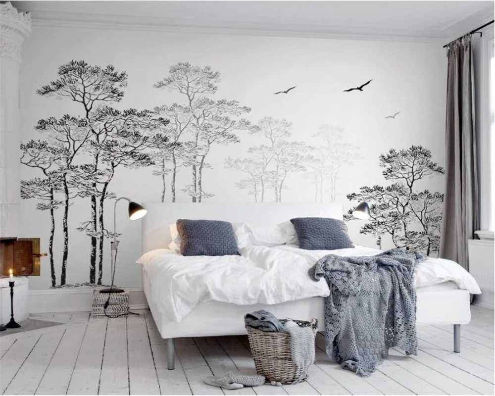 

Custom Wallpaper Home Decorative Mural Black & White Sketch Abstract Tree Flying Bird deer TV Background walls 3d wallpaper