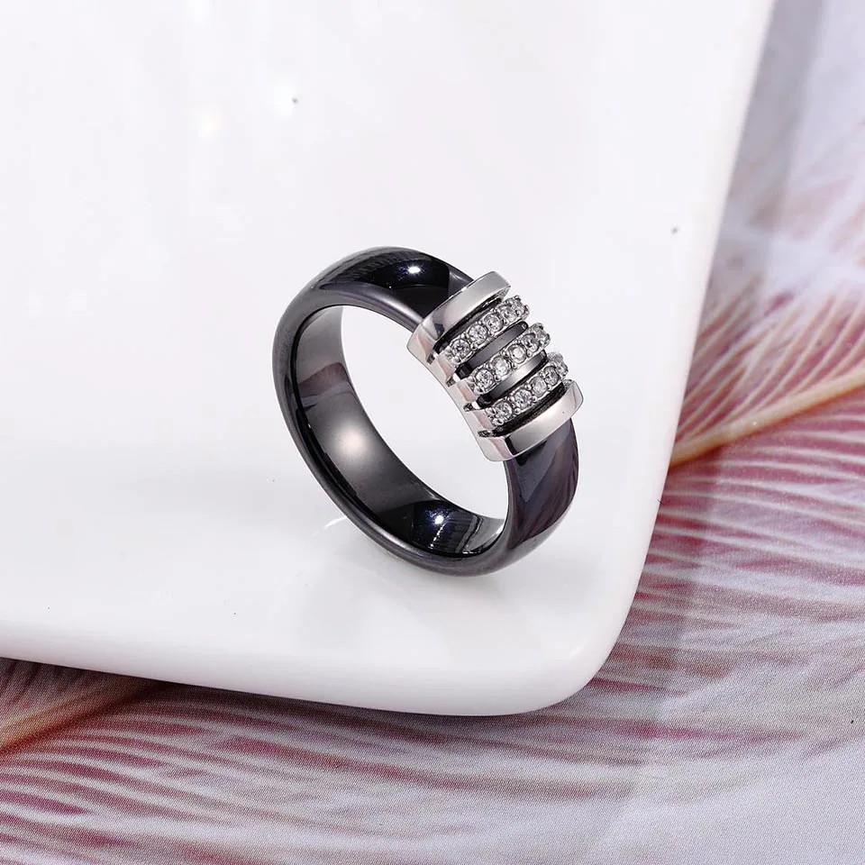 New Unique Rings Women 6mm Black White Ceramic Ring For Women India Stone Crystal Comfort Wedding Rings Engagement Brand Jewelry