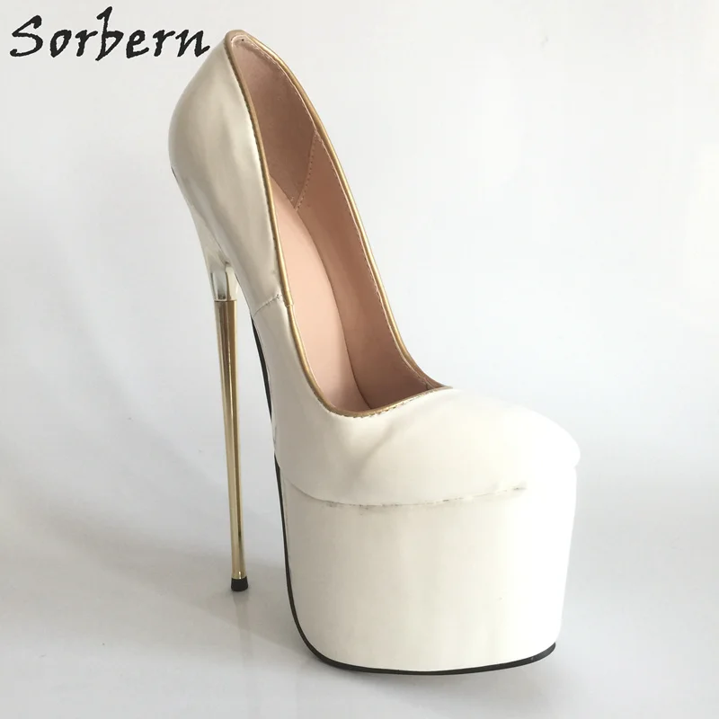 Sorbern 22Cm White High Heels Women Shoes Pumps Thick Platforms Metal Gold Thin Heel Slip-On Ladies Shoes Sexy White Heels Pumps