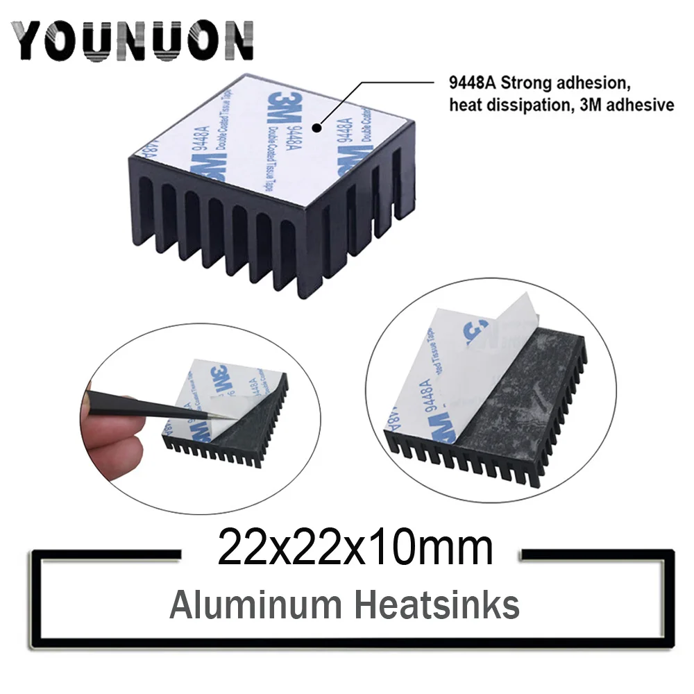 

100Pcs YOUNUON Black 22x22x10mm Aluminum Heatsink Cooler Circuit Board Cooling Fin for Raspberry Pi VGA RAM IC Chips