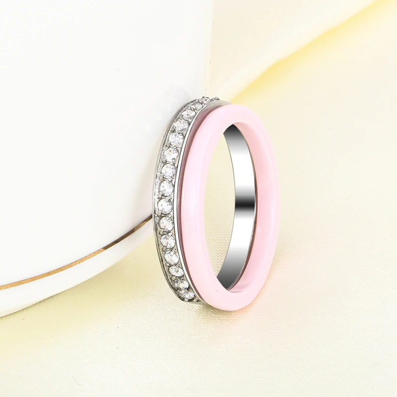 2pcs/Set Fashion Lovely Pink Ceramic Rings Plus One Half Rhinestone Rings for Women Men Clear Crystal Wedding Female Teen Gift