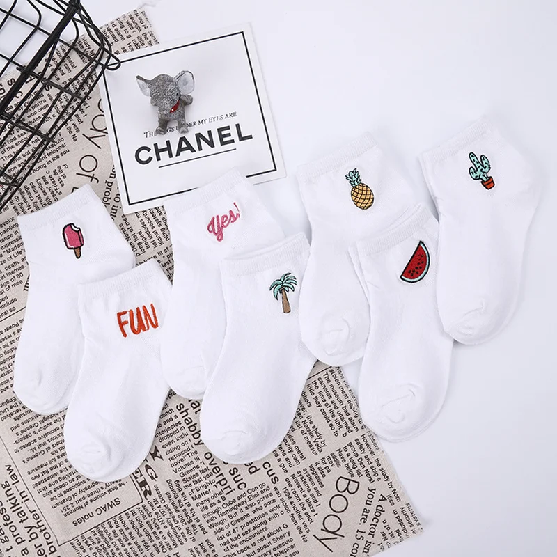 Funny Korean Boys Girls Cotton Socks School Kids Crew Sox White Watermelon Cactus Pineapple Fruit Pattern Casual Sweet Cute