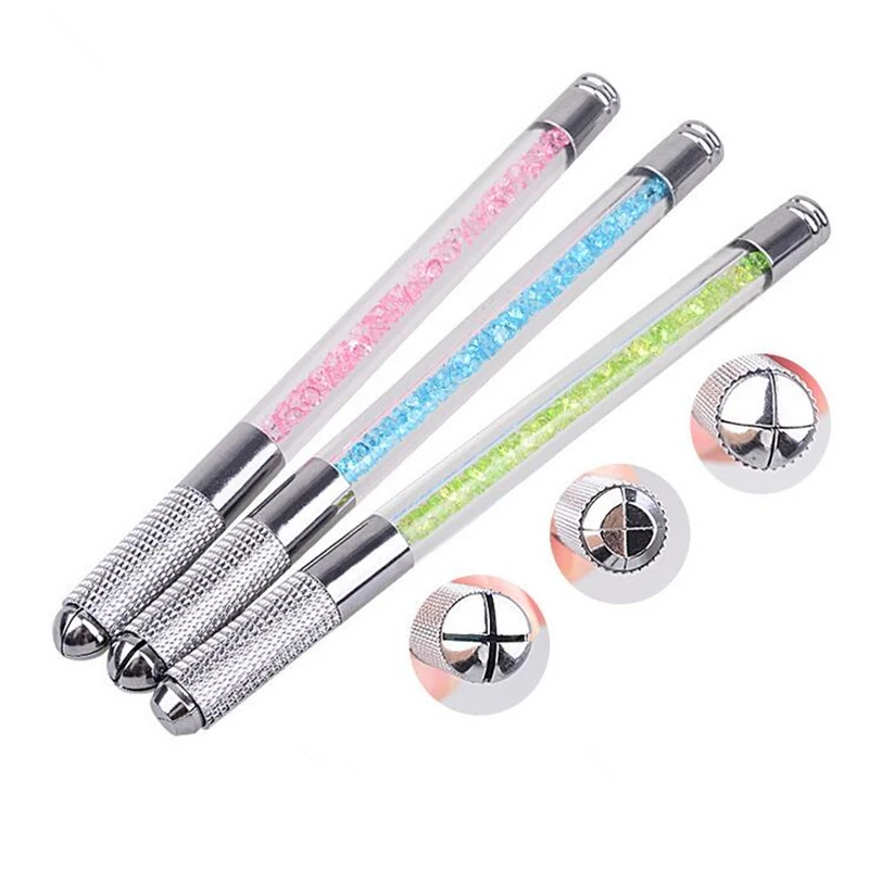 Crystal Rhinestones Acrylic Manual Tattoo Pen Microblading Makeup Machine Permanent Eyebrow Tools Double Use Heads Needle Blade